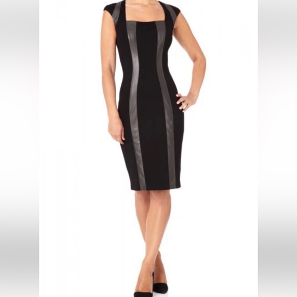 New Cache black stylish below the knee dress. Leather accents,zipper down back. - Picture 3 of 7